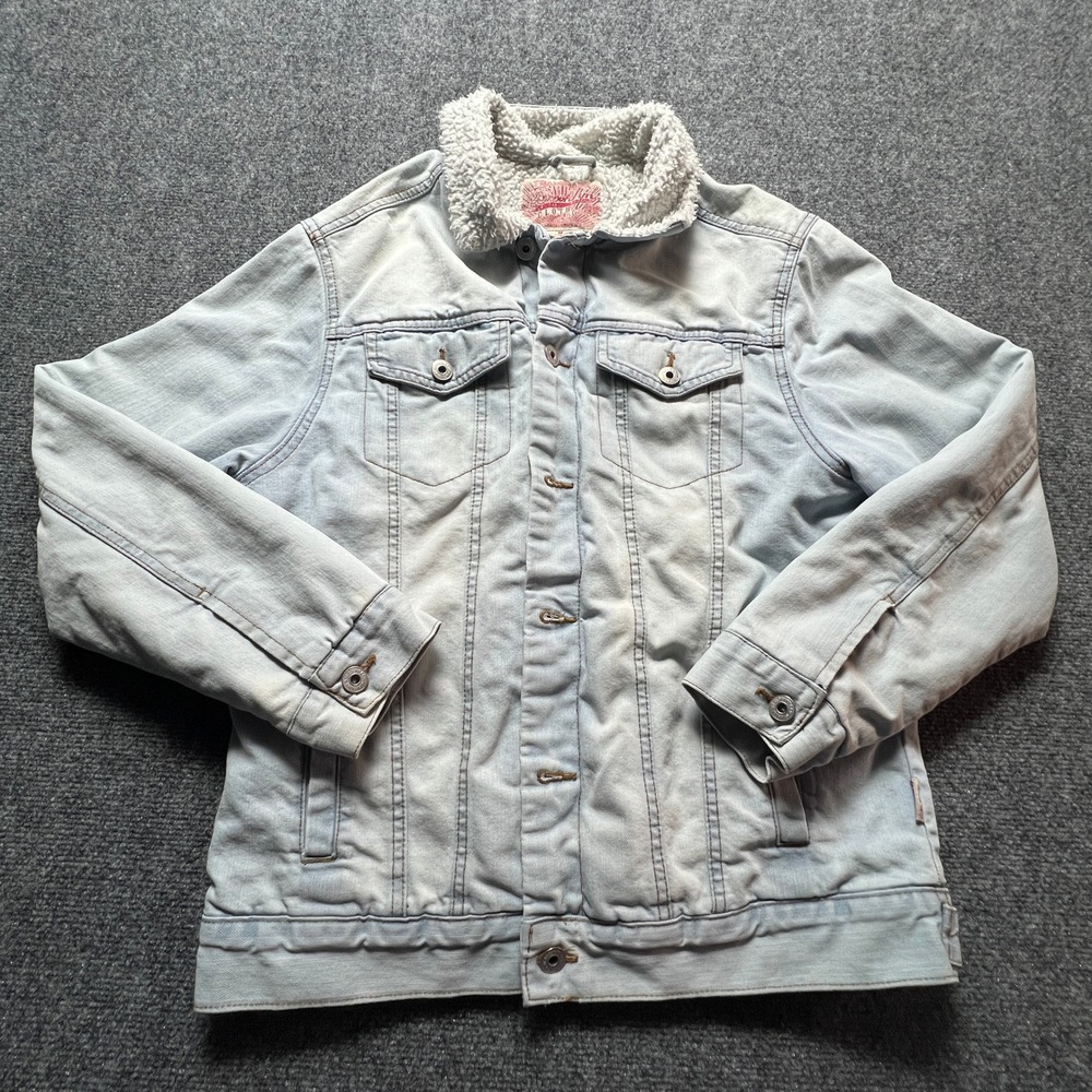 Brooklyn Cloth Mens Light Wash Denim Sherpa Lined Trucker Jacket Blue Size M